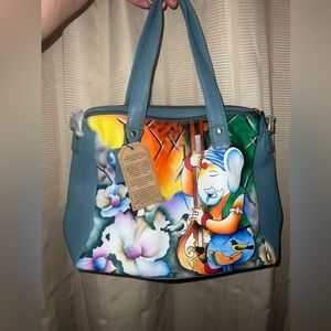 Genuine 100% leather hand painted Hindu design purse with shoulder strap